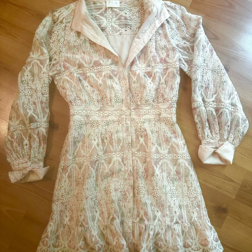Fate Cream and Pink Lace Long Sleeve Dress